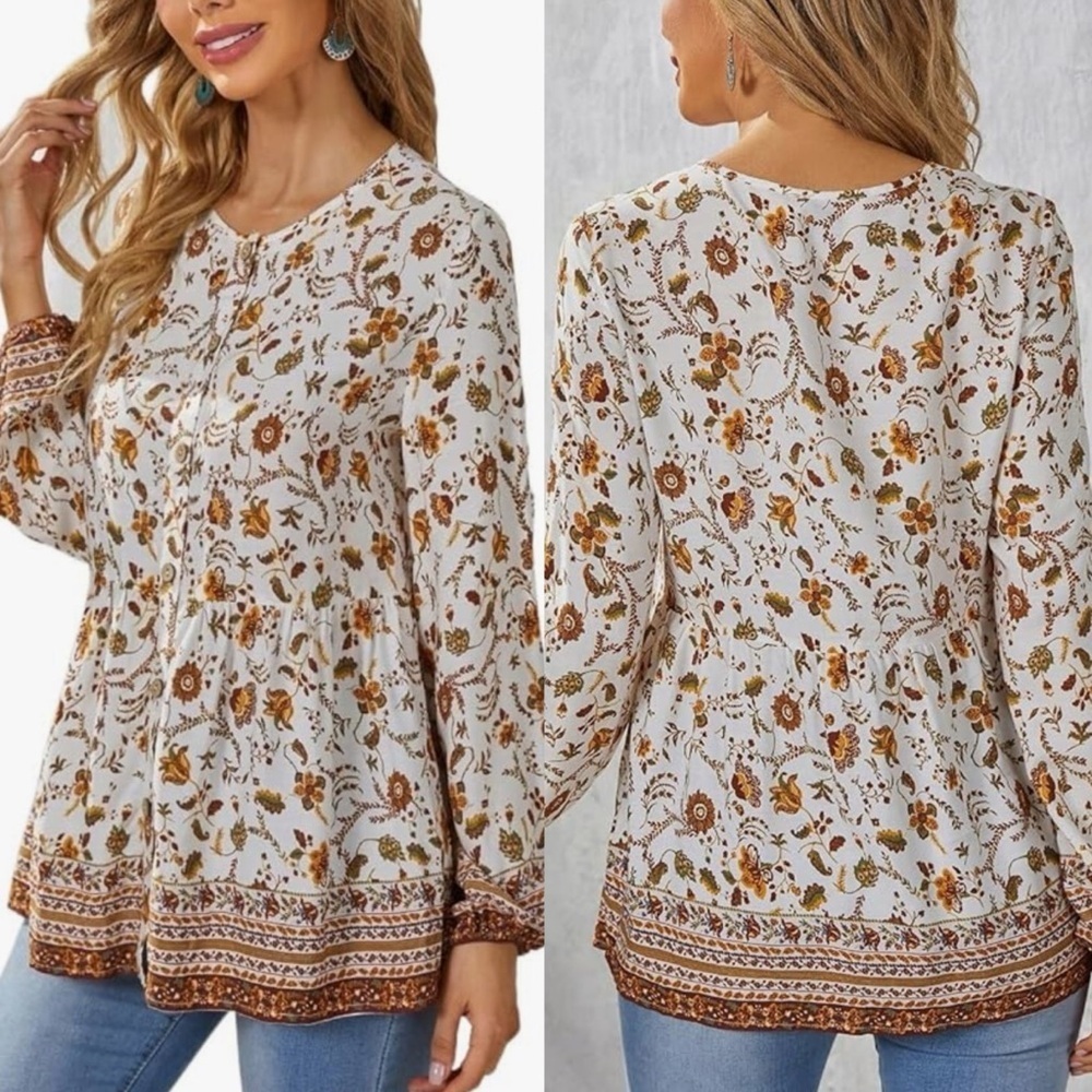 White Orange Floral Button Down Long Sleeve Boho Prairie Blouse Top Size Small